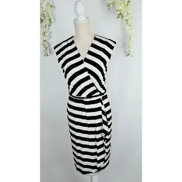 New Calvin Klein Size 6 Black White Striped Dress Belted Classic Chic Career - Picture 2 of 16
